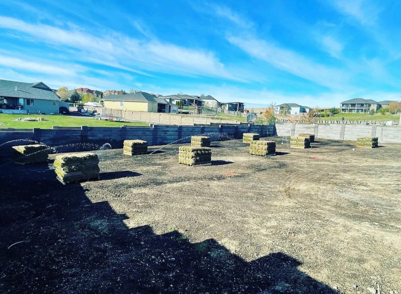 Multiple pallets of sod dropped across a graded yard with block wall in Kennewick