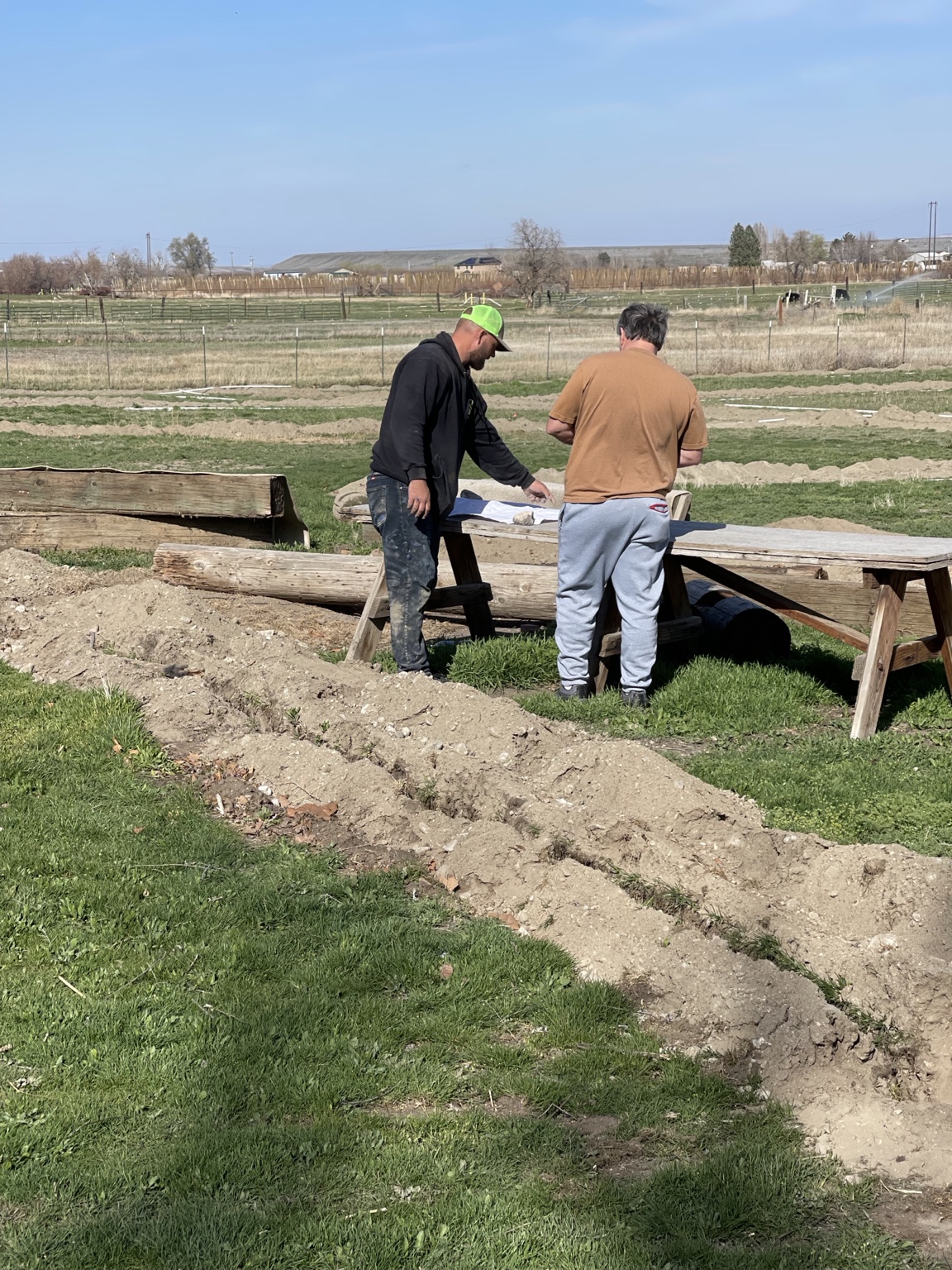 Owner reviewing irrigation system layout plans on a picnic table at a farm site